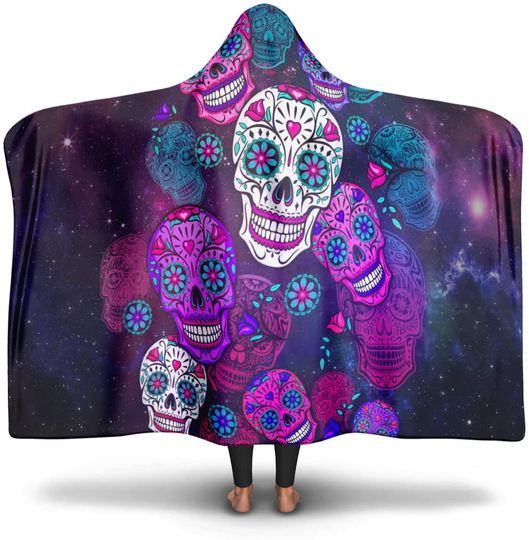 Skull Hooded Blanket, Sherpa and Microfiber Fleece Candy Skull