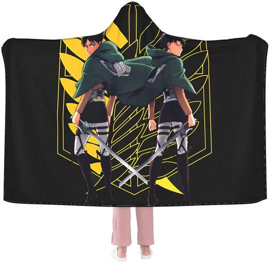 3D Animation Hooded Blanket Attack On Titan Can Wear Soft Warm Plush Blanket Indoor and Outdoor Hooded Blanket Black 50"X40"
