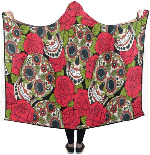 Hooded Blankets for Adults Floral Sugar Skull Anti