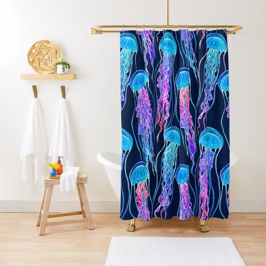 Luminescent Rainbow Jellyfish On Navy Blue Shower Curtain